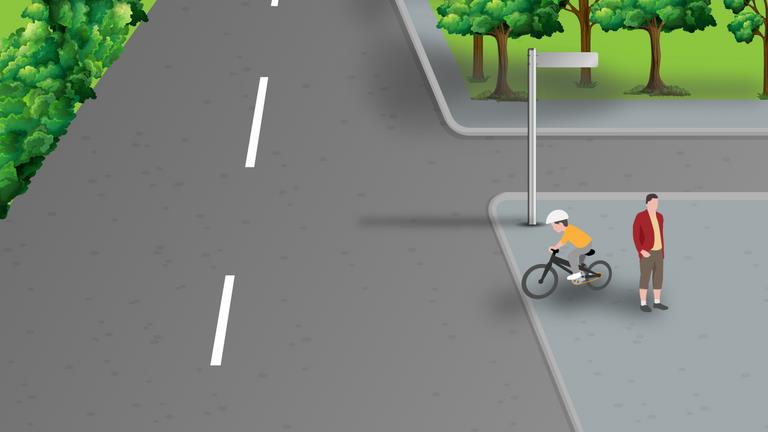An approaching driver notices that the boy on the children’s bicycle has said goodbye to his friend. What is the correct action for the driver to take?