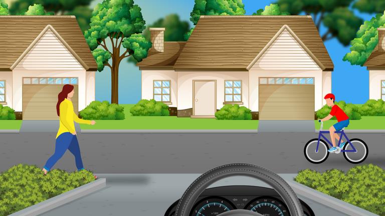 A driver wants to pull out of a driveway and turn right onto the road. At the same time a cyclist is approaching from the right and a pedestrian wants to cross. Who must wait?