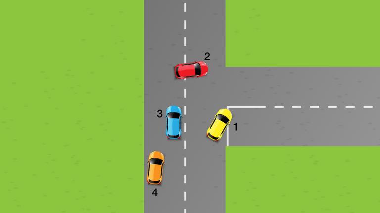Which vehicle is in the correct position to make a right turn from the major road into the minor road?