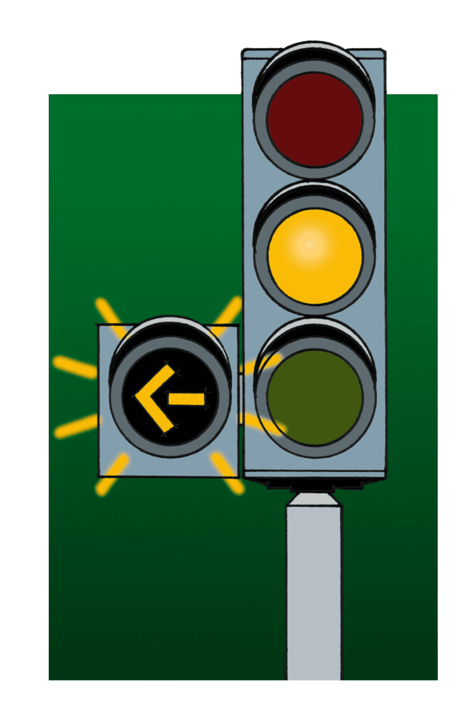 What does a flashing amber arrow pointing left at a traffic light mean?
